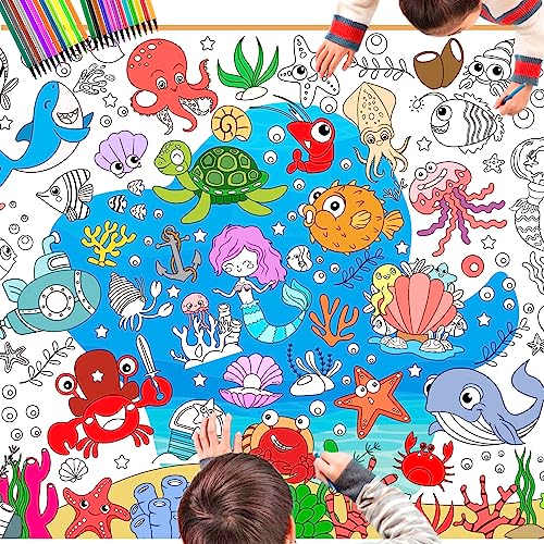 DPKOW Ozean Ausmalen Tischdecke Kinder mit Stiften, 47 x 33 Zoll Riese Papier Meerestier Bemalbare Tischdecke für Kinder Basteln Unter dem Meer Ausmalen Poster Meer Unterwasser Geburtstag Geschenk von DPKOW