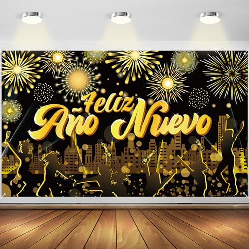 DPKOW Pancarta Feliz Año Nuevo para la decoración de Nochevieja 2024, ORO Negro Pancarta Fondo Nochevieja para la decoración de Fiestas de Fin de año von DPKOW