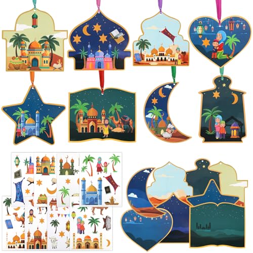 DPKOW 16er Ramadan Eid Bastelset Kinder, Eid Mubarak Geschenke für Kinder, Eid Mubarak Dekoration, Eid Mubarak Sticker Aufkleber, Eid Mubarak Karten, Mondstern Laterne Moschee von DPKOW