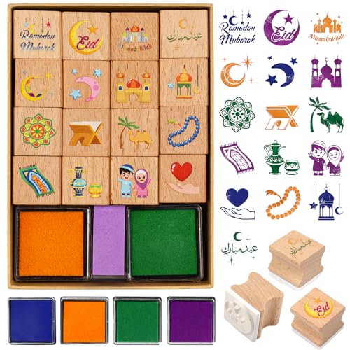 DPKOW Ramadan Eid Stempel für Kinder Basteln Geschenk, Hölzern Stempel mit Stempelkissen für Kinder Eid DIY Karte Scrapbooking Beschäftigung Kinder Eid Spiel Aktivitäten Islamische Drucken Gadget von DPKOW