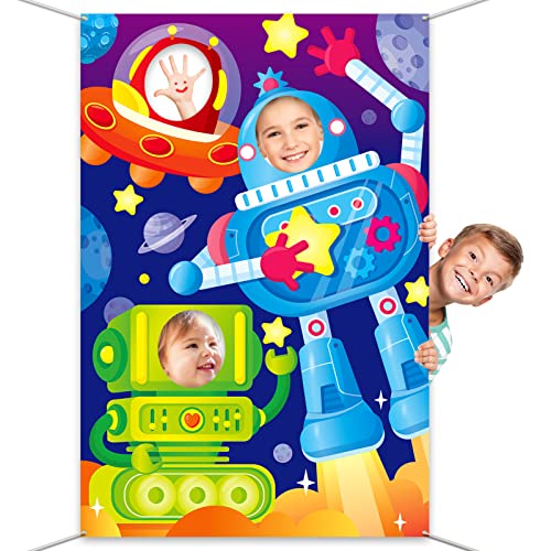 DPKOW Roboter Foto Requisiten für Kinder, Lustiges Gesicht im Loch Fotobanner Roboter Weltraum Tür Banner für Kinder Roboter Geburtstagsfeier Dekorationen, Groß Stoff Roboter Hintergrund Dekoration von DPKOW