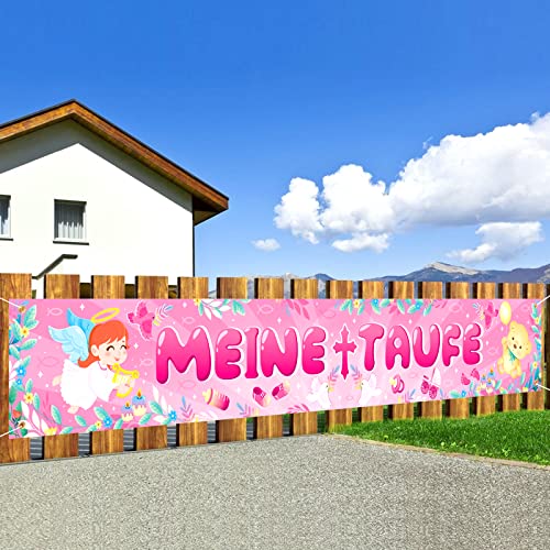 DPKOW Rosa Meine Taufe Banner für Mädchen Taufe Deko, Langer Stoff Taufe Hintergrundbanner für Taufe Geburt Babyparty Fotos Hintergrund Dekoration Geburtstag Kommunion Deko Drinnen Draußen, 270*40cm von DPKOW