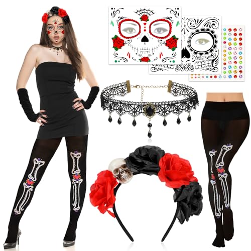 DPKOW Rot Schwarz Tag der Toten Stirnband Halloween Gesicht Tattoos Zuckerschädel Netzstrumpf, Tag der Toten Halskette Halloween Zubehör von DPKOW