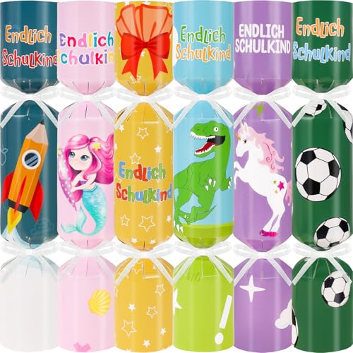 DPKOW Schulkind Schultüte Füllung Mädchen Jungen, Einschulung Geschenkboxen Schulanfang Geschenkverpackung Mädchen Jungen Schultüte Bastelset, 12 Crackers Boxen Einhorn Fußball Geschenk Einschulung von DPKOW