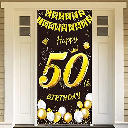 DPKOW Schwarz Gold 50. Geburtstag Dekoration für Mann Frau, Schwarz Gold 50. Geburtstag Banner für Hintergrund Tür Deko, 50. Geburtstag Tür Banner für Garten Tisch Wand Deko, 185 x 90cm Stoff von DPKOW