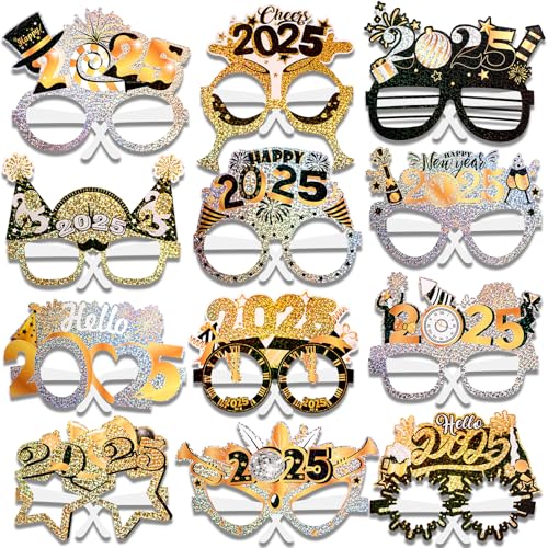 DPKOW Silvester Deko 2025 Neujahr Silvesterdeko Schwarz Gold Silber Silvester Brille Silvester Foto Requisiten für Silvester Deko 2025 Party Silvesterpartydeko Accessoire für Silvesterparty,24 Stück von DPKOW