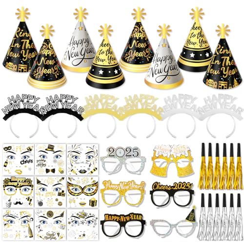 DPKOW Silvester Deko 2025, 39 Stk Happy New Year Haarreif Hüte Brillen Silvester Partyzubehör 2025 Accessoires Silvester Gesichtstattoo Fransenbläser Silvester Foto Requisiten 2025 Schwarz Gold Silber von DPKOW