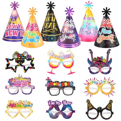 DPKOW 30 Stück Bunt Silvester Partyhüte Partybrille Silvester Brille 2025 Foto Requisiten Silvester Accessoires fürSilvester Deko 2025 Neujahr Deko Silvester Party 2025 Happy New Year Deko von DPKOW