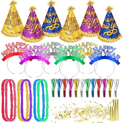 DPKOW Silvester Deko 2025 Party Set, Bunte Silvester Partyhüte Happy New Year Haarreif Silvester Leis Tröte Luftschlangen Accessories 2025 Silvester Partyzubehör 2025 Silvester Foto Requisiten, 31 Stk von DPKOW