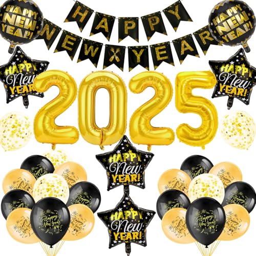 DPKOW Silvester Deko 2025 Party Set Silvester Girlande Happy New Year Banner Schwarz Gold Luftballons Silvester 2025 Ballon für Silvester Deko 2025 Silvesterdeko Neujahr Deko New Year Decoration von DPKOW