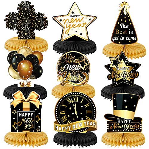 DPKOW Silvester Deko 2025, 9 Stück Schwarz Gold Neujahr Deko Happy New Year Honigwabe Mittelstücke 2025 Deko Silvester Party-Tischaufsätze für Silvester Tischdeko 2025 Silvesterdeko Accessoire von DPKOW