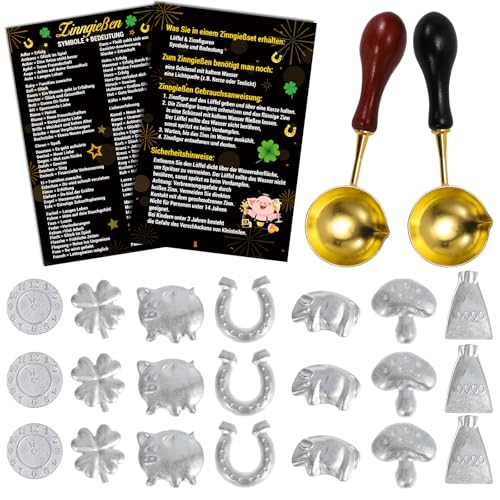 DPKOW Silvester Zinngießen Bleigießen Set, 21 Zinnfiguren und 2 Löffeln Anleitung Orakelheft, Silvester Spiele Neujahrsgeschenke Glücksschwein Kleeblatt Hufeisen Wachsgießen Silvester Blei Gieß Set von DPKOW