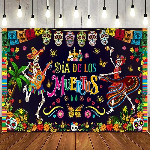 DPKOW Tag der Toten Banner Dia De Los Muertos Deko, Großes Stoff Mexikanisches Fiesta Hintergrundbanner Halloween Totenkopf Fotohintergrund für Mexikanische Partydekorationen Cinco de Mayo, 185*110cm von DPKOW