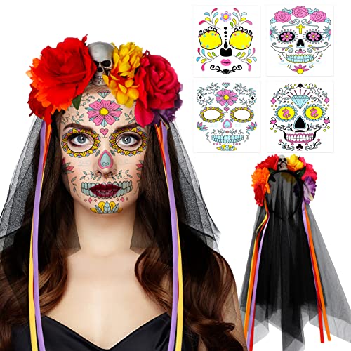 DPKOW Tag Der Toten Haarreif und Schleier Totenkopf Gesicht Tattoos Dia De Los Muertos Haarreif la Catrina Kostüm Mexikanisches Totenfest Kopfschmuck Halloween Tag Der Toten Kostüm Accessoires Damen von DPKOW