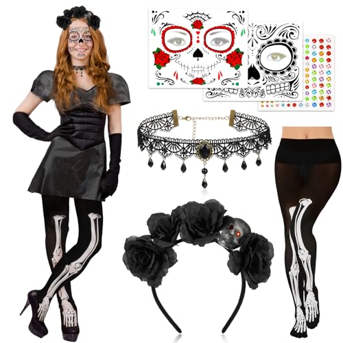 DPKOW Halloween Haarreif Tag der Toten Gesicht Tattoos Totenkopf Halloween Strumpfhose Halskette Glitzersteine Aufkleber Tag der Toten Kostüm Damen Halloween Accessoires Mexikanisches Totenfest Kostüm von DPKOW