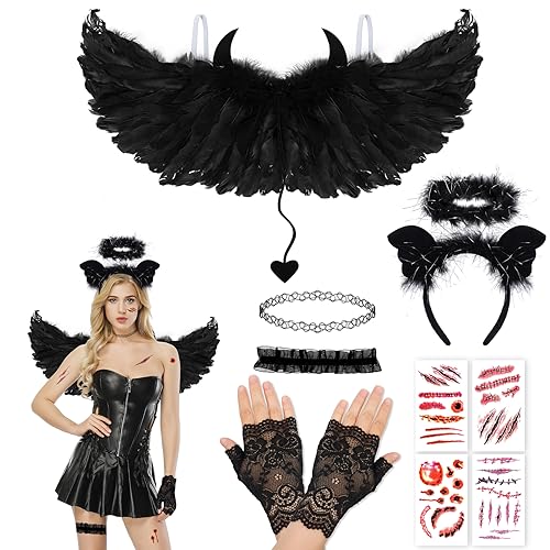 DPKOW Schwarzer Engel Kostüm Damen Halloween Kostüm Engel Heiligenschein Schwarz Engelsflügel Spitzenhandschuhe Narben Tattoo Set für Damen Mädchen Kinder Halloween Karneval Mottopartys von DPKOW