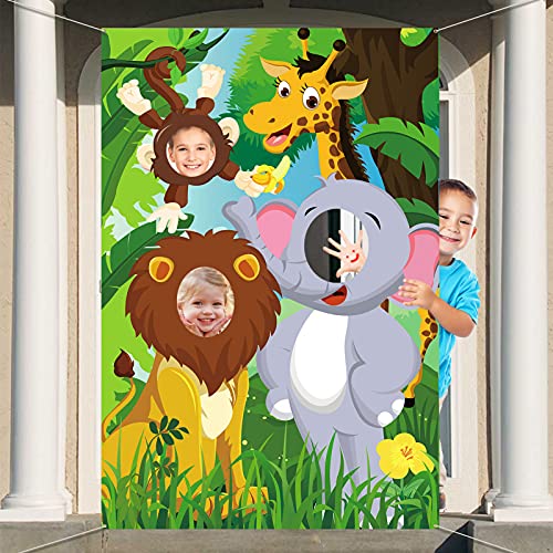 DPKOW Dschungel Tiere Geburtstag Foto Requisite Banner, Lustige Gesicht im Loch Spiel für Kinder Party Fotohintergrund Dekoration, Wild One Waldtiere Thema Party Spiel Banner Fotoaccessoires von DPKOW