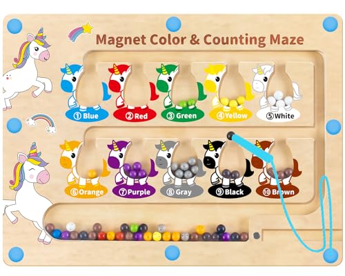 Magnetspiel Labyrinth Holzspielzeug – Einhorn Montessori Spielzeug für Kinder ab 2 3 4 5 Jahre, Motorikspielzeug mit Zahlen und Farben, Lernspielzeug Geschenk für Mädchen und Jungen von DQMOON