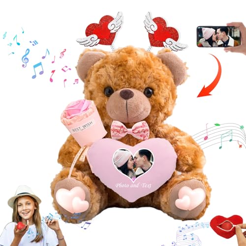 DRAJOIN Personalisierte Teddybär Valentinstag mit Herz für Sie Ihn, Plüschtiere Valentine Teddybär mit Text Foto, Personalisierte Geschenke Geburtstag (20 cm) von DRAJOIN