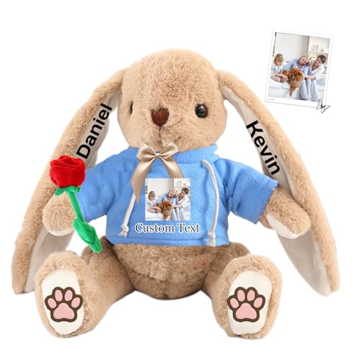 DRAJOIN Personalisierter Osterhase, Plüschkaninchen mit Namen und Foto, Personalisiertes Langohrkaninchen für Neugeborene, Babys, Kinder und Erwachsene, 18 cm von DRAJOIN