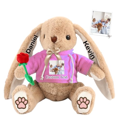 DRAJOIN Personalisierter Osterhase, Plüschkaninchen mit Namen und Foto, Personalisiertes Langohrkaninchen für Neugeborene, Babys, Kinder und Erwachsene, 18 cm von DRAJOIN