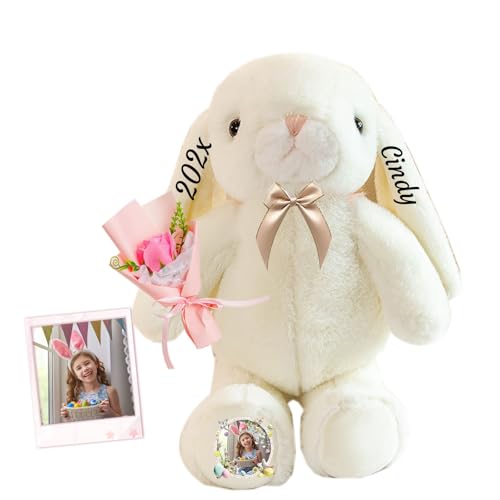 DRAJOIN Personalisierter Osterhase, Plüschtier mit Namen und Foto, Personalisiertes Plüschkaninchen für Babys, Erstes Ostergeschenk für Kinder, 28 cm von DRAJOIN