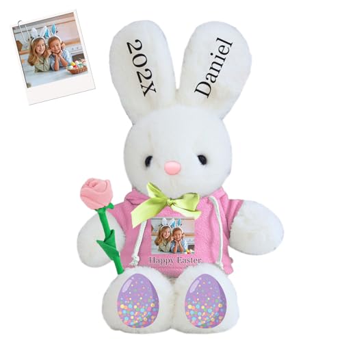 DRAJOIN Personalisierter Osterhase, Plüschtier mit Namen und Foto, Personalisiertes Plüschkaninchen für Babys, Erstes Ostergeschenk für Kinder, 35 cm von DRAJOIN