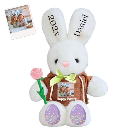 DRAJOIN Personalisierter Osterhase, Plüschtier mit Namen und Foto, Personalisiertes Plüschkaninchen für Babys, Erstes Ostergeschenk für Kinder, 35 cm von DRAJOIN