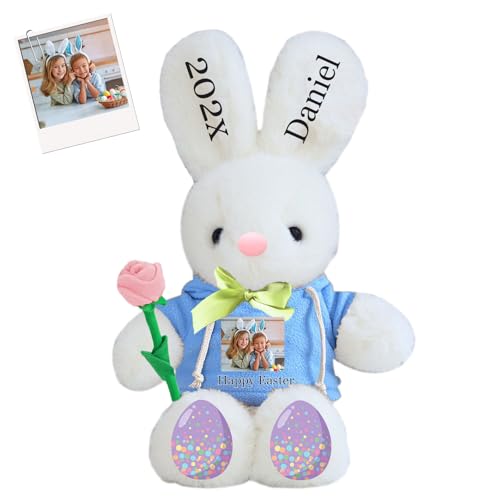 DRAJOIN Personalisierter Osterhase, Plüschtier mit Namen und Foto, Personalisiertes Plüschkaninchen für Babys, Erstes Ostergeschenk für Kinder, 35 cm von DRAJOIN