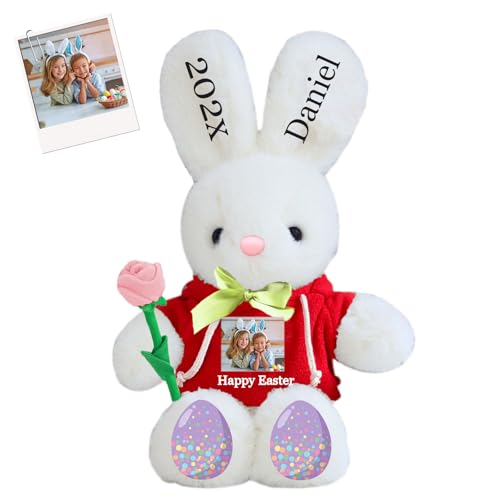 DRAJOIN Personalisierter Osterhase, Plüschtier mit Namen und Foto, Personalisiertes Plüschkaninchen für Babys, Erstes Ostergeschenk für Kinder, 35 cm von DRAJOIN