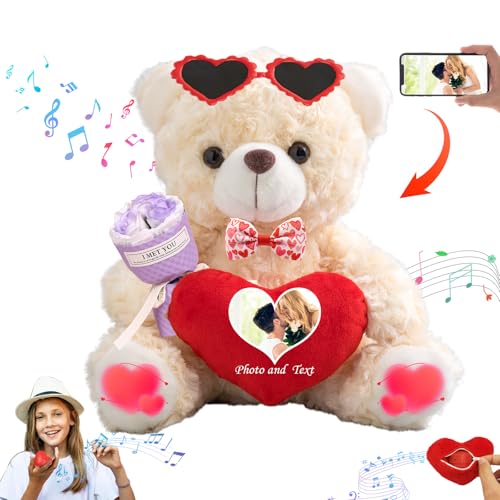 DRAJOIN Personalisierter Teddybär mit Herz für Ihn Sie Valentinstag Teddybär mit Text Foto, Personalisierte Geschenke Valentine Teddybär als besondere Geschenke zum Valentinstag (20 cm) von DRAJOIN