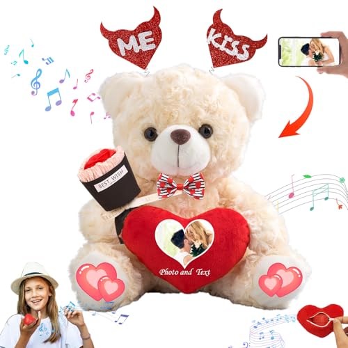 DRAJOIN Personalisierter Teddybär mit Herz für Ihn Sie Valentinstag Teddybär mit Text Foto, Personalisierte Geschenke Valentine Teddybär als besondere Geschenke zum Valentinstag (20 cm) von DRAJOIN