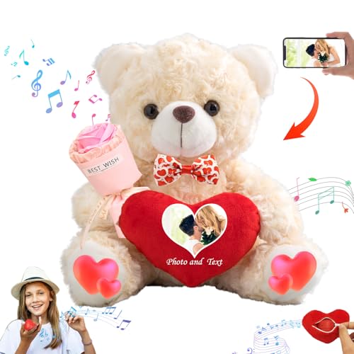 DRAJOIN Personalisierter Teddybär mit Herz für Ihn Sie Valentinstag Teddybär mit Text Foto, Personalisierte Geschenke Valentine Teddybär als besondere Geschenke zum Valentinstag (20 cm) von DRAJOIN