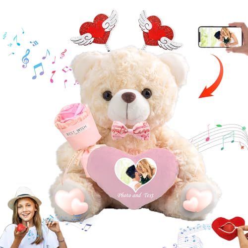 DRAJOIN Personalisierter Teddybär mit Herz für Ihn Sie Valentinstag Teddybär mit Text Foto, Personalisierte Geschenke Valentine Teddybär als besondere Geschenke zum Valentinstag (20 cm) von DRAJOIN