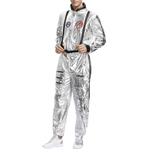 Astronauten Kostüme Silber Spaceman Kostüm Astronaut Rollenspiel Kostüm Set Damen Herren Paar Raum Uniform Overall Halloween Alien Outfit Jumpsuit Weltall Kostüm Cosplay Anzug Karneval Kleidung von DRALOFAO