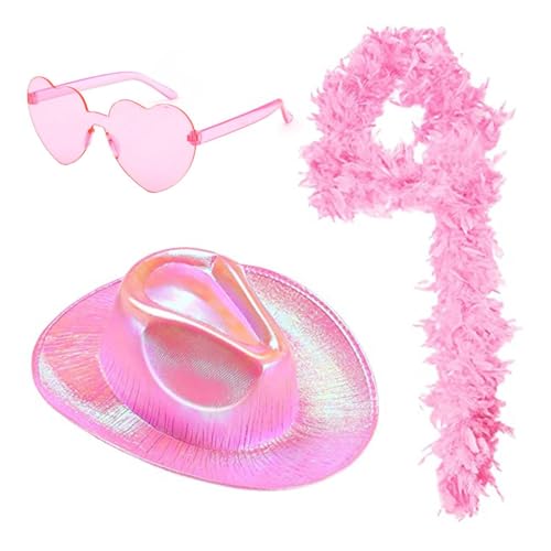 DRALOFAO 3er Cowboy Hut und Partybrille Herzbrille Cowgirl Hut, Rosa Bandana, Cowboyhut Kostüm Accessoires für Erwachsene Rodeo Wilder Westen Kostü Karneval Mottoparty Halloween Party, Rosa von DRALOFAO