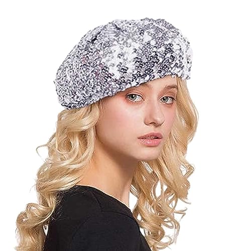 Damen Baskenmütze mit glitzernden Pailletten glänzende Mädchen Mütze glitzernde glänzende Tanzhüte für Party Clubwear Cosplay Performance Kostüm Cape Silber Beret Disco Hut Faschingsmütze Discokugel von DRALOFAO