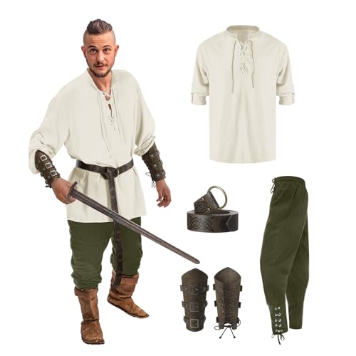 Faschingskostüme Herren, Piratenkostüm Herren Mittelalter Kleidung Viking Kostüm Set - Mit Mittelalterliches Piratenhemd, Piratenhose, Gürtel, Handgelenkschützer, Seitentasche, Faschingskostüme Dress von DRALOFAO