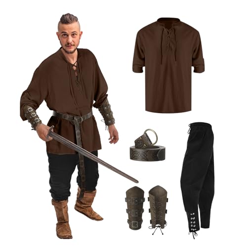 Faschingskostüme Herren, Piratenkostüm Herren Mittelalter Kleidung Viking Kostüm Set - Mit Mittelalterliches Piratenhemd, Piratenhose, Gürtel, Handgelenkschützer, Seitentasche, Faschingskostüme Dress von DRALOFAO