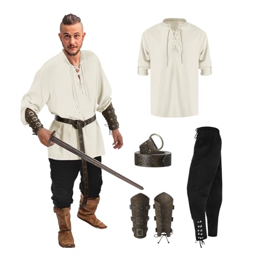 Faschingskostüme Herren, Piratenkostüm Herren Mittelalter Viking Kostüm, Mittelalter Kleidung Renaissance Kostüm Set, Mit Mittelalterliches Piratenhemd, Piratenhose, Gürtel, Handgelenkschützer, Seiten von DRALOFAO