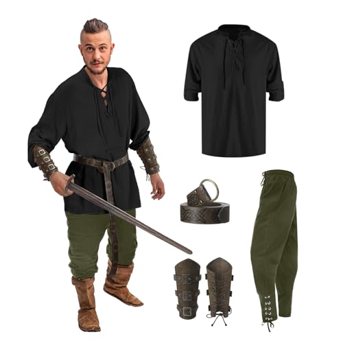 Halloween Kostüm Herren, Piratenkostüm Herren Mittelalter Kleidung Viking Kostüm Set - Mit Mittelalterliches Piratenhemd, Piratenhose, Gürtel, Handgelenkschützer, Seitentasche, Faschingskostüme Dress von DRALOFAO