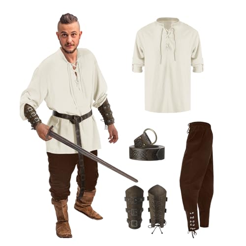 Halloween Kostüm Herren, Piratenkostüm Herren Mittelalter Kleidung Viking Kostüm Set - Mit Mittelalterliches Piratenhemd, Piratenhose, Gürtel, Handgelenkschützer, Seitentasche, Faschingskostüme Dress von DRALOFAO