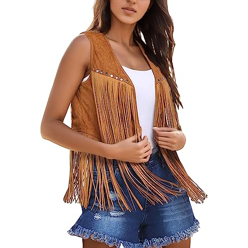 Western Outfit Damen Fransenweste Damen Cowgirl Kostüm Damen 60er Jahre Outfit Damen Piraten Disco Outfit Festival Outfit Ärmellos Country Faschingskostüme Cowboy Weste Damen Hippie Kleidung Karneval von DRALOFAO