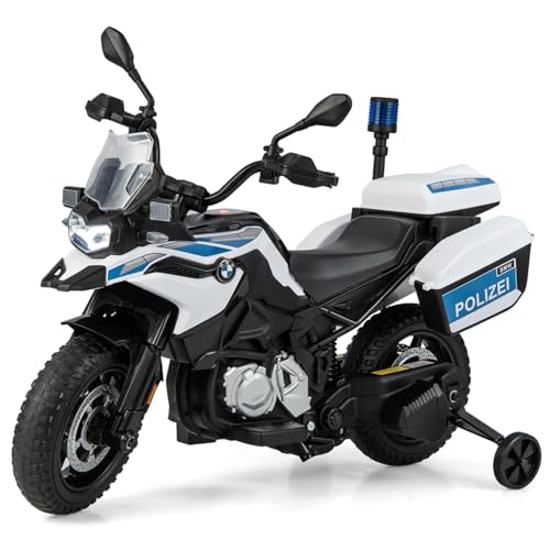 DREAMADE 12V BMW Elektro Motorrad Kinder mit Musik & Scheinwerfer & Polizeilicht, 3-6 km/h, Kindermotorrad mit 2 Stützrädern, Kinder Motorrad für Kinder ab 3 Jahren, Weiß von DREAMADE