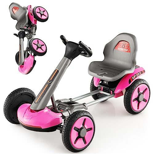 DREAMADE 12V Elektroauto Gokart mit LED-Licht & EIN-Tasten-Start-Funktion, Kinder Elektro Kart mit verstellbarem Sitz und Lenkrad, Pedal Go Cart für Kinder 2-5 Jahre alt (Rosa) von DREAMADE