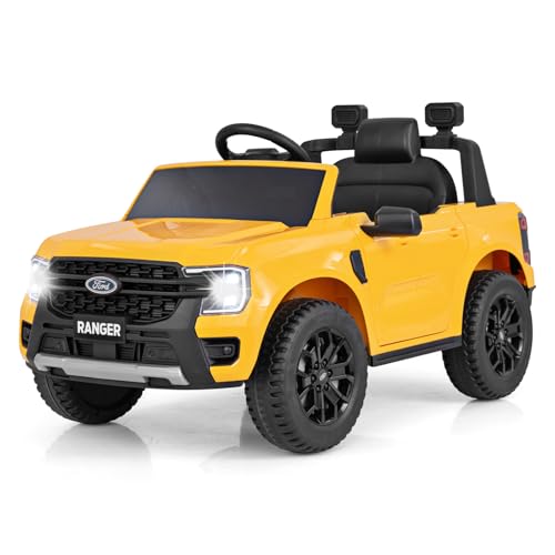 DREAMADE 12V Elektroauto für Kinder, Ford Kinder Elektroauto mit Fernbedienung & Stauraum & LED-Licht & USB & Musik, Elektrofahrzeug Elektrisches Auto für Kinder ab 3 Jahre, Gelb von DREAMADE