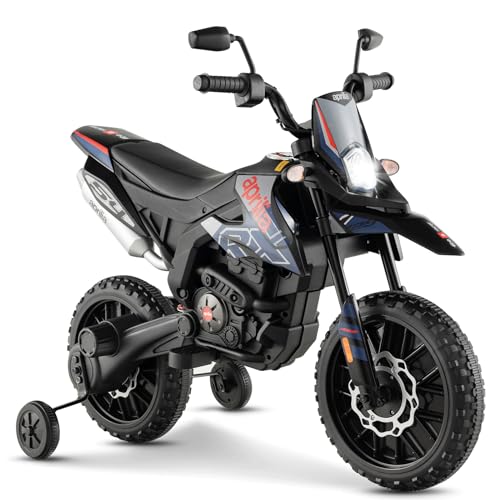 DREAMADE 12V Kinder Elektro Motorrad, 5,5-6 km/h, Aprilia Kindermotorrad mit Stützrädern & Musik & Scheinwerfer, Elektromotorrad für Kinder ab 3 Jahren, bis 30kg belastbar (Blau) von DREAMADE