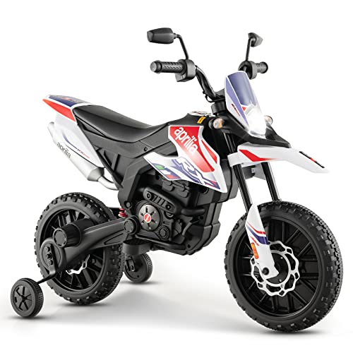 DREAMADE 12V Kinder Elektro Motorrad, 5,5-6 km/h, Aprilia Kindermotorrad mit Stützrädern & Musik & Scheinwerfer, Elektromotorrad für Kinder ab 3 Jahren, bis 30kg belastbar (Weiß) von DREAMADE