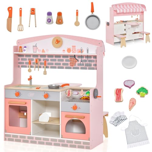 DREAMADE 2 IN 1 Kinderküche mit 14 TLG. Zubehör, doppelseitige Miniküche, Kinderspielküche mit Spülbecken Wasserhahn Backofen Herd BBQ-Grill, Spielküche aus Holz für Jungen und Mädchen ab 3 von DREAMADE