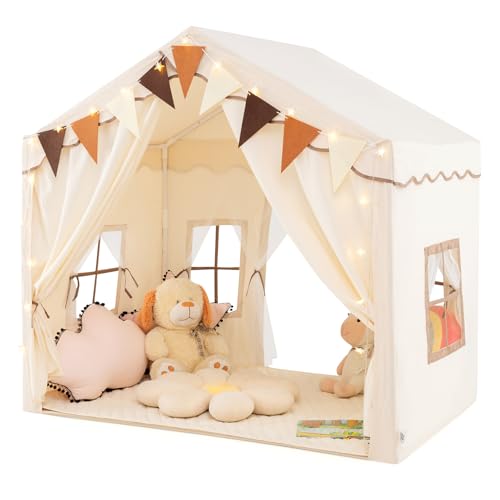 DREAMADE 2 IN 1 Kinderzelt, Bettzelt mit Matte & Lichtern & Flaggenbanner, Kinder Prinzessin Zelt Spielzelt für Drinnen, Spielhaus Kinder Indoor Kuschelecke für Kinderzimmer Beige von DREAMADE